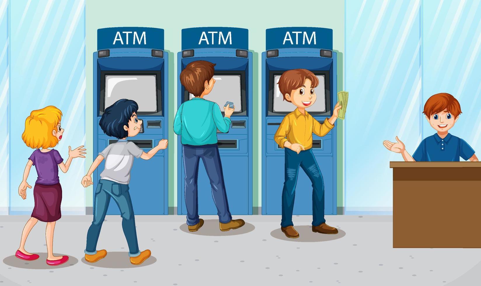 bankomat bank scen med människor seriefigur vektor
