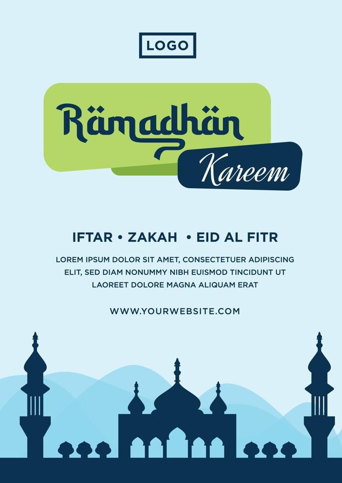 ramadan kareem flyer banner, moské siluett med blå bakgrundsfärg vektor