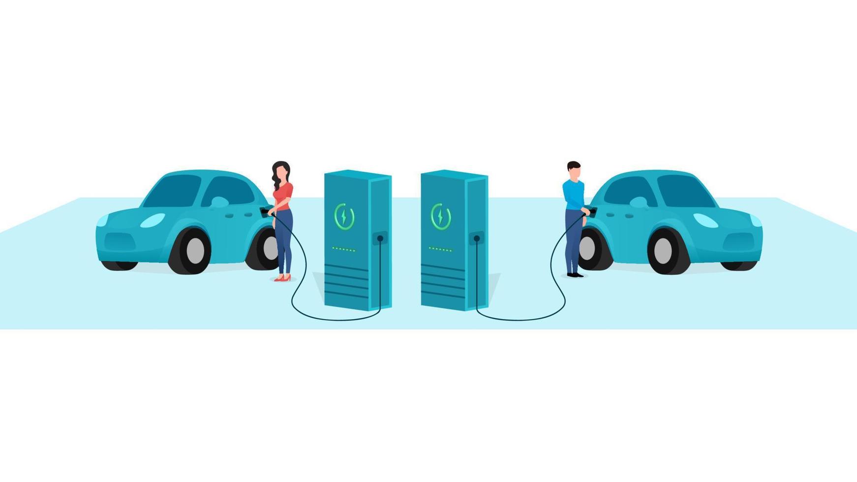 mann und frau, die kühles auto an der ladestation für elektrofahrzeuge aufladen, fahrzeug an ev-ladepunkt, geschäftscharakter-vektorillustration auf weißem hintergrund. vektor