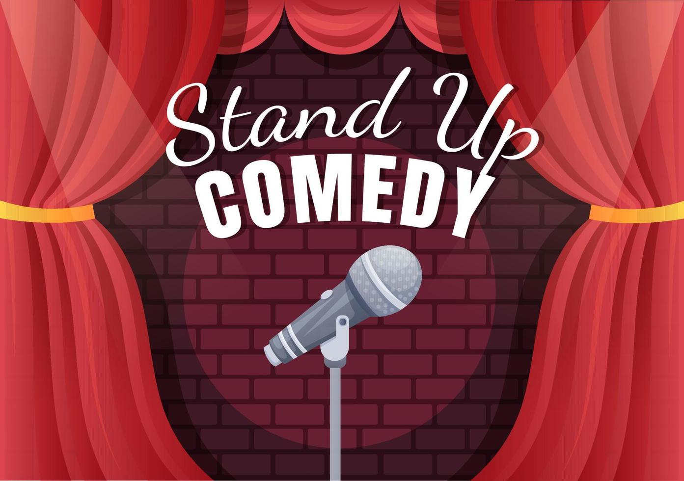 stå upp komedi show teaterscen med röda gardiner och öppen mikrofon till komiker som uppträder på scenen i platt stil tecknad illustration vektor