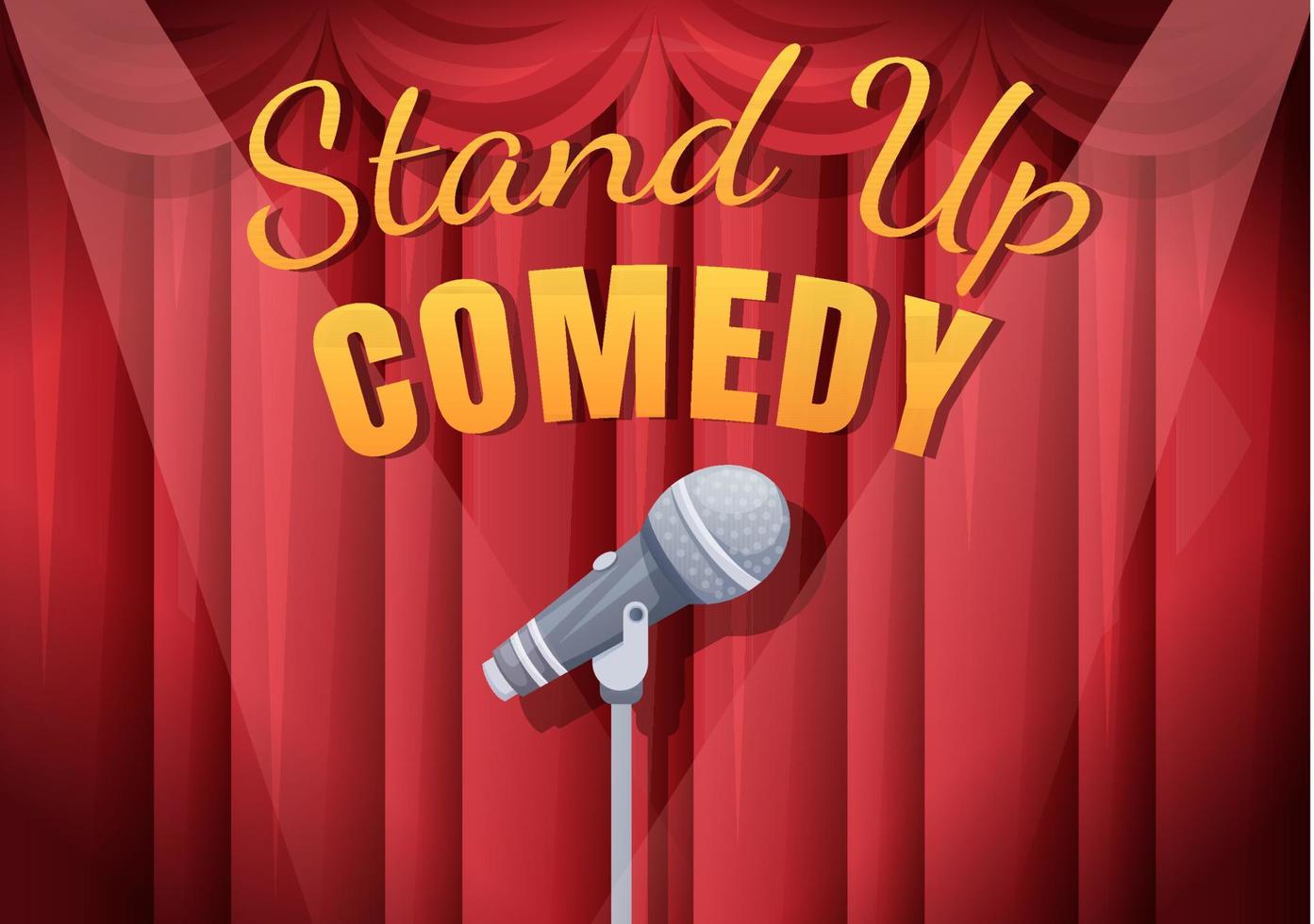 Stand-up-Comedy-Show-Theaterszene mit roten Vorhängen und offenem Mikrofon zum Komiker, der auf der Bühne in flacher Cartoon-Illustration auftritt vektor