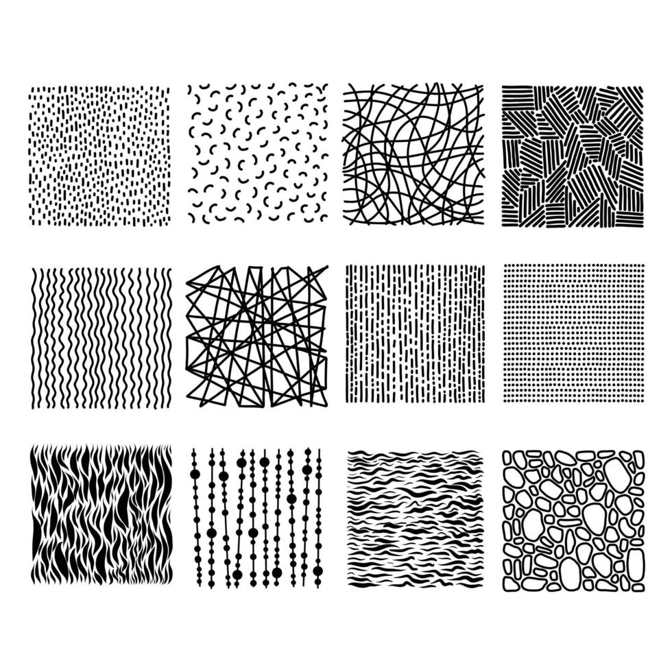 Sammlung von Texturen. Hintergründe im handgezeichneten Stil mit Linien, Punkten und Wellen vektor