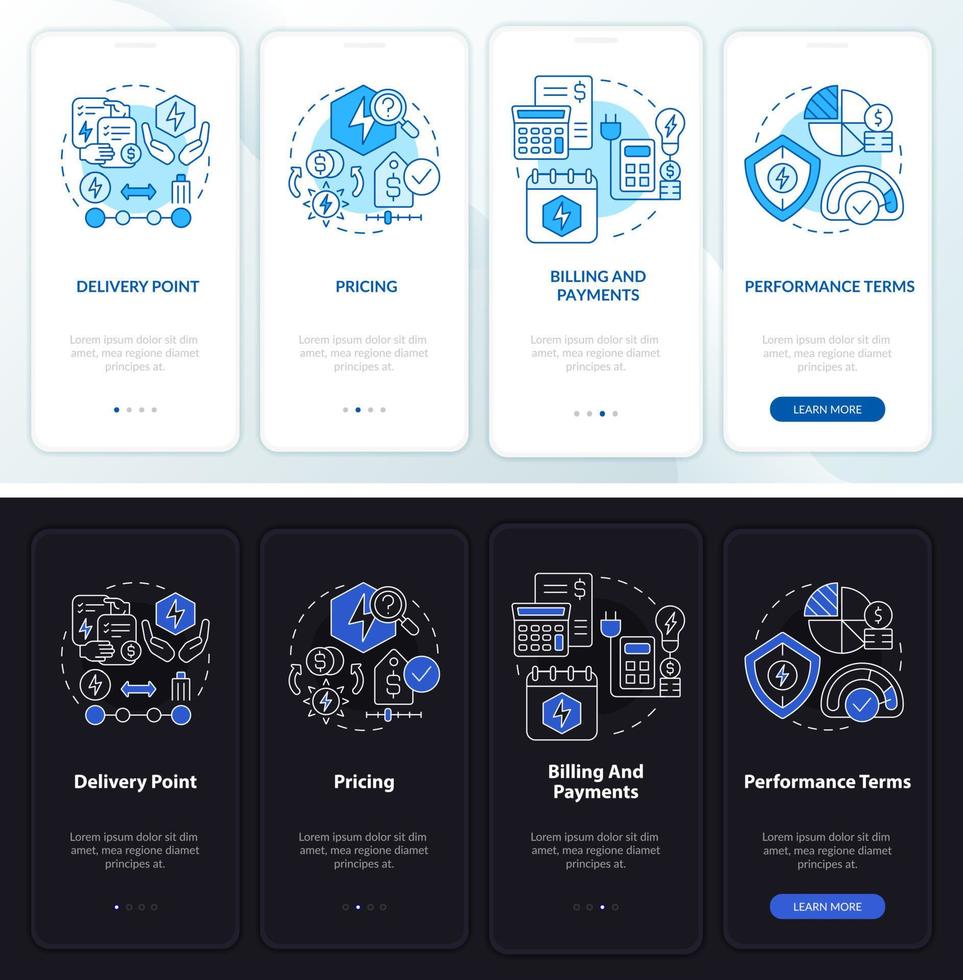 ppa sales tag- und nachtmodus beim onboarding des mobilen app-bildschirms. Finanzen Walkthrough 4 Schritte grafische Anleitungsseiten mit linearen Konzepten. ui, ux, gui-Vorlage. Unzählige pro-fette, normale Schriftarten werden verwendet vektor