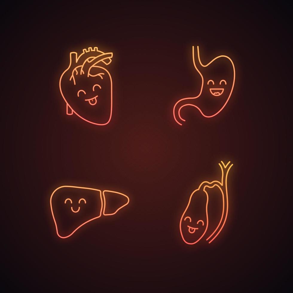 lächelnde menschliche innere organe neonlichtsymbole gesetzt. glückliches Herz, Magen, Leber, Gallenblase. gesundes Herz-Kreislauf- und Verdauungssystem. leuchtende Zeichen. Vektor isolierte Illustrationen