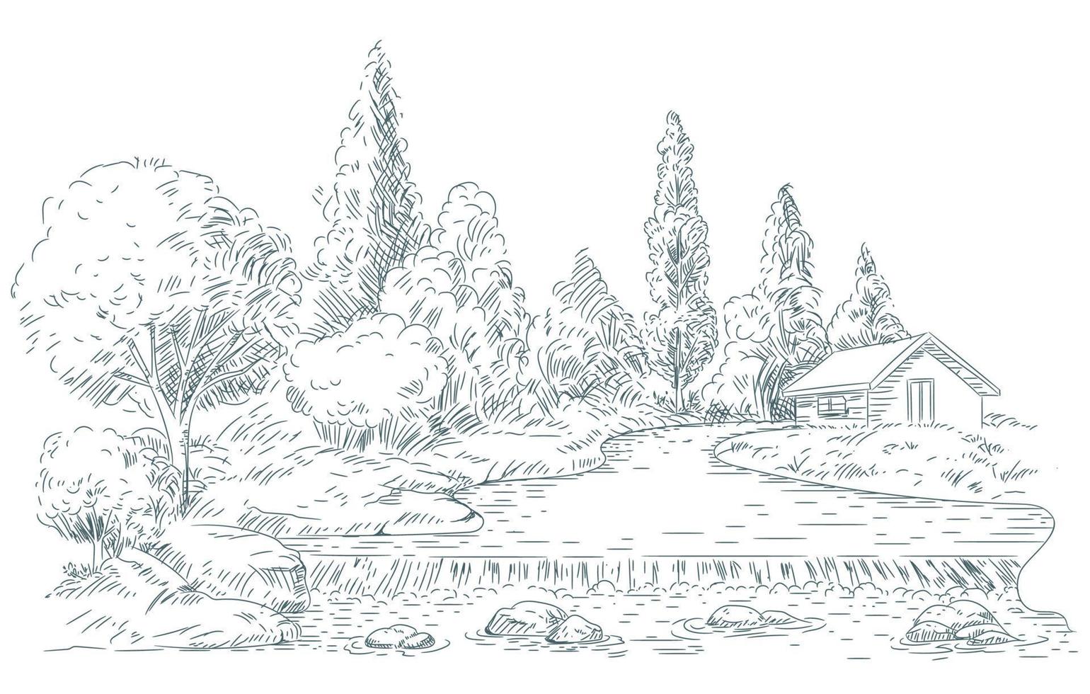Landschaft Zeichnung Skizze Bleistift Kunstdesign vektor