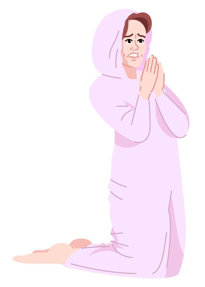 weinende frau, die süchtig nach dem beten ist, halbflache rgb-farbvektorillustration. Besessenheit von Religion. person mit süchtig machender persönlichkeit lokalisierte zeichentrickfigur auf weißem hintergrund vektor