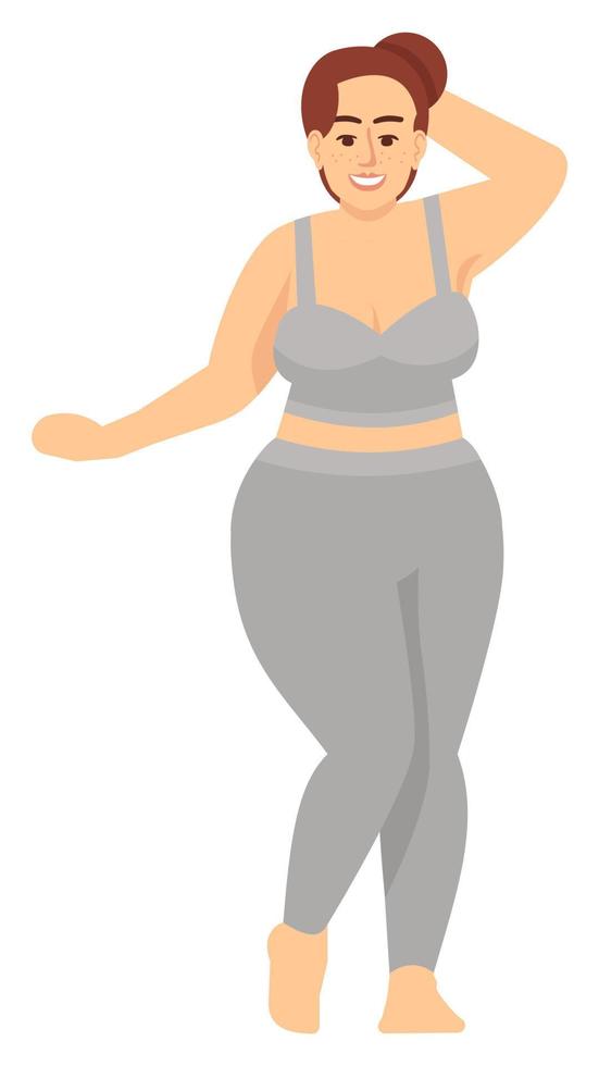 kurvig kvinnlig modell poserar i sportkläder semi platt rgb färg vektorillustration. självacceptans. person som främjar kroppen positivitet strategi isolerade seriefigur på vit bakgrund vektor