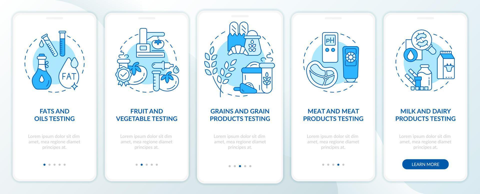 labortests für die lebensmittelproduktion blauer onboarding-bildschirm der mobilen app. Komplettlösung 5 Schritte grafische Anleitungsseiten mit linearen Konzepten. ui, ux, gui-Vorlage. Unzählige pro-fette, normale Schriftarten werden verwendet vektor