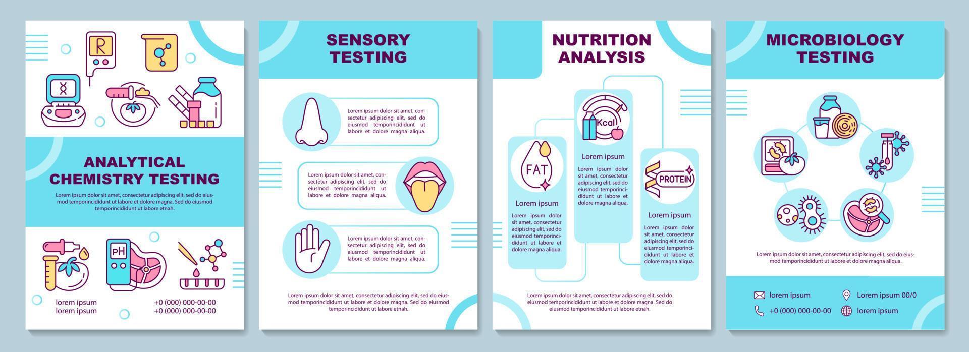 türkisfarbene broschürenvorlage zur analyse von lebensmittelproben. Sensorischer Test. Broschürendesign mit linearen Symbolen. 4 Vektorlayouts für Präsentationen, Jahresberichte. arial-schwarz, unzählige Pro-Regular-Schriftarten verwendet vektor