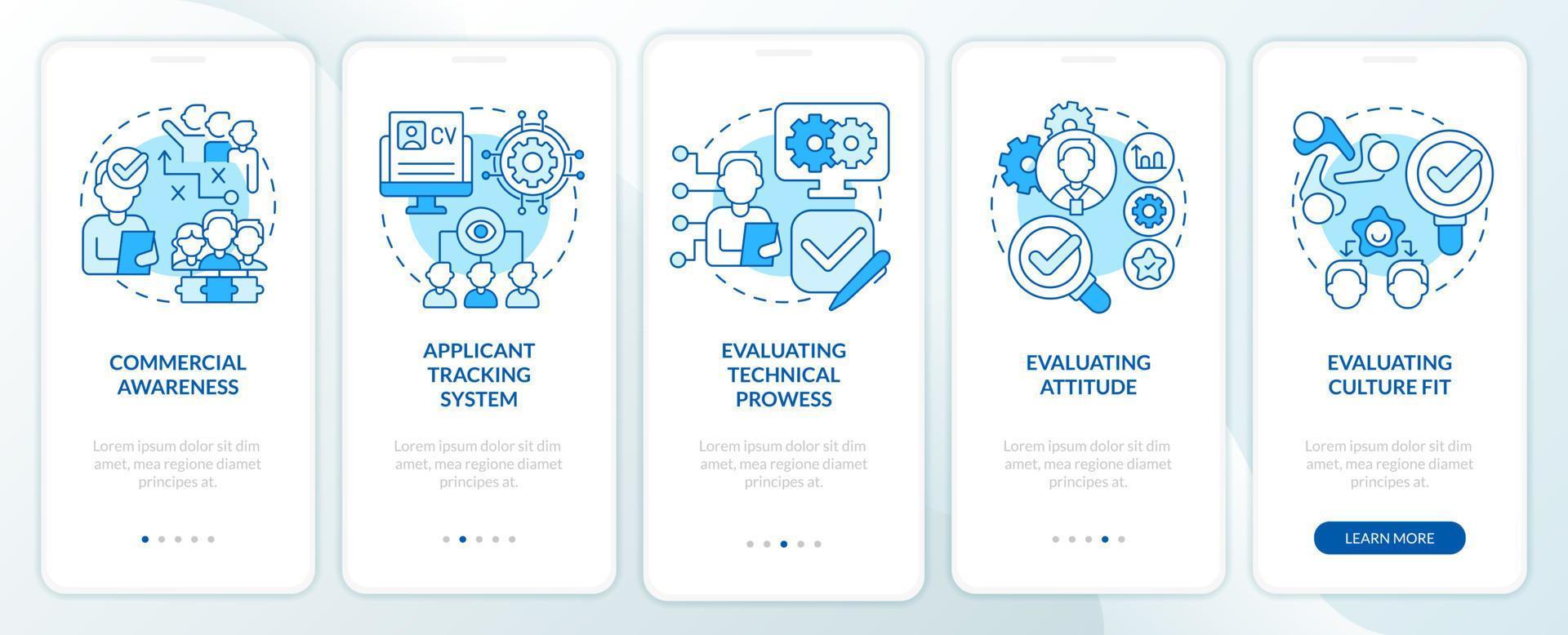 hr-fähigkeiten für business blue onboarding mobiler app-bildschirm. Technologie Walkthrough 5 Schritte grafische Anleitungsseiten mit linearen Konzepten. ui, ux, gui-Vorlage. Unzählige pro-fette, normale Schriftarten werden verwendet vektor