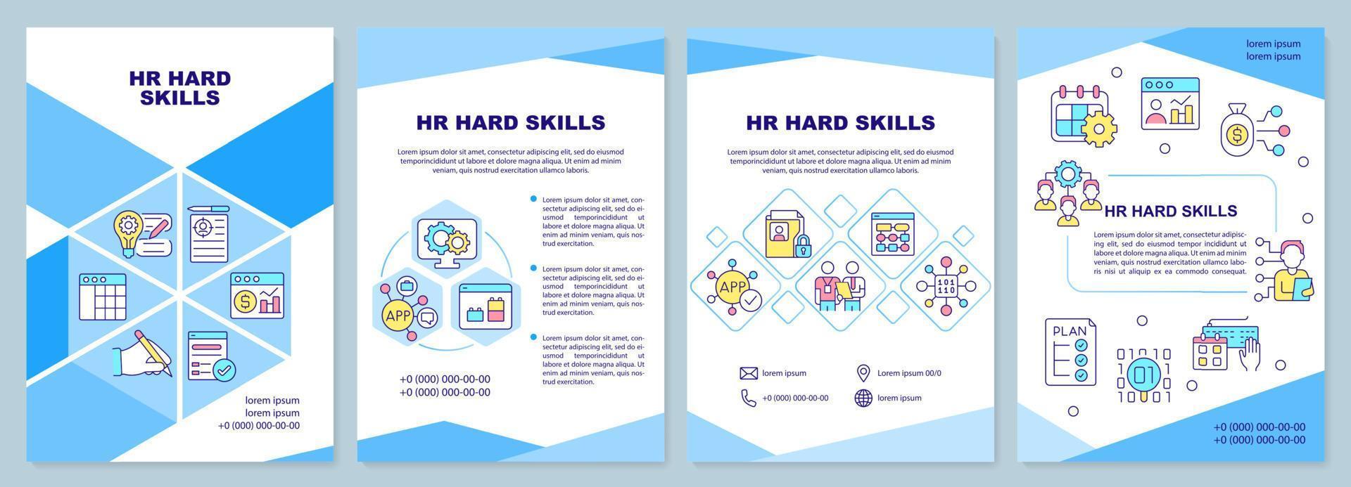 Blaue broschürenvorlage für hr-fachkompetenzen. Geschäft und Einstellung. Broschürendesign mit linearen Symbolen. 4 Vektorlayouts für Präsentationen, Jahresberichte. arial-schwarz, unzählige Pro-Regular-Schriftarten verwendet vektor