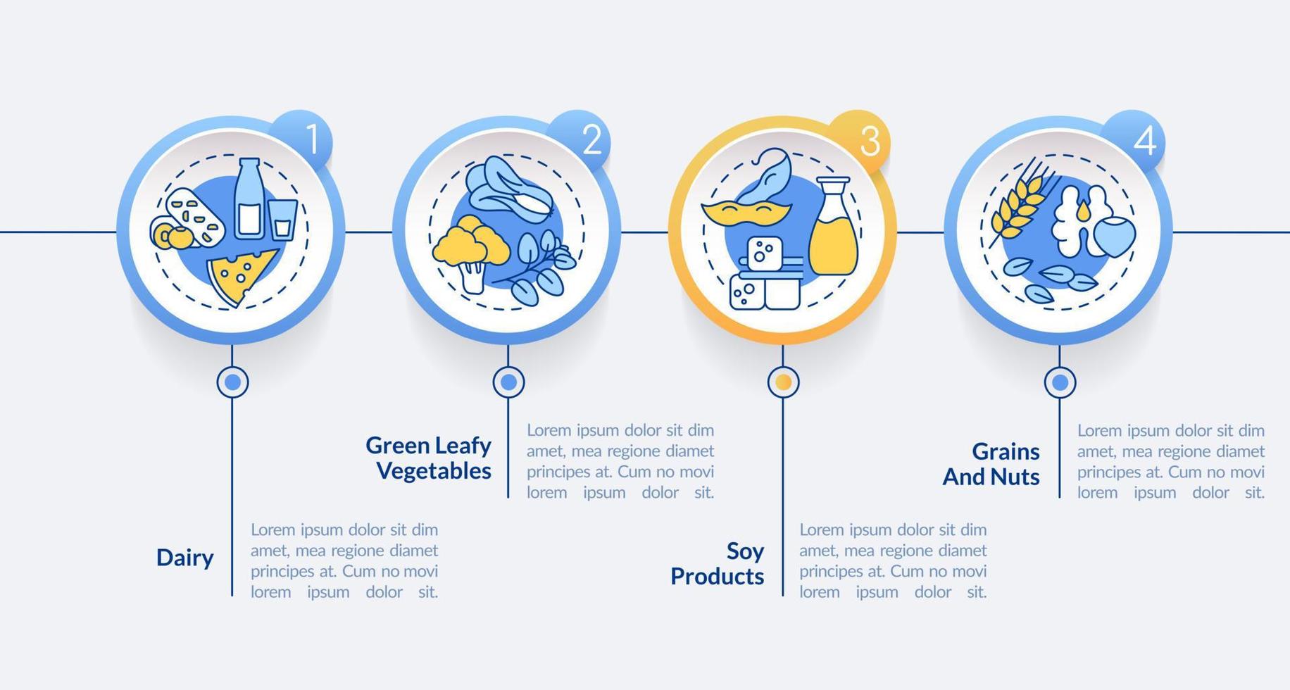 beste ernährung für knochengesundheitskreis infografik-vorlage. Sojaprodukte. Datenvisualisierung mit 4 Schritten. Info-Diagramm der Prozesszeitachse. Workflow-Layout mit Liniensymbolen. lato-fett, normale Schriftarten verwendet vektor