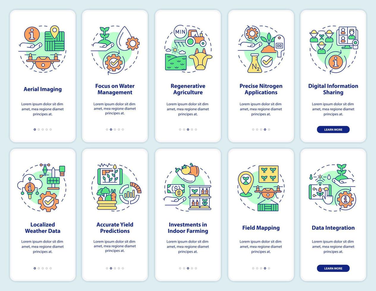 lantbrukstrender ombord på mobilappskärmen. lantbruk genomgång 5 steg grafiska instruktioner sidor med linjära koncept. ui, ux, gui mall. otaliga pro-fet, vanliga typsnitt som används vektor