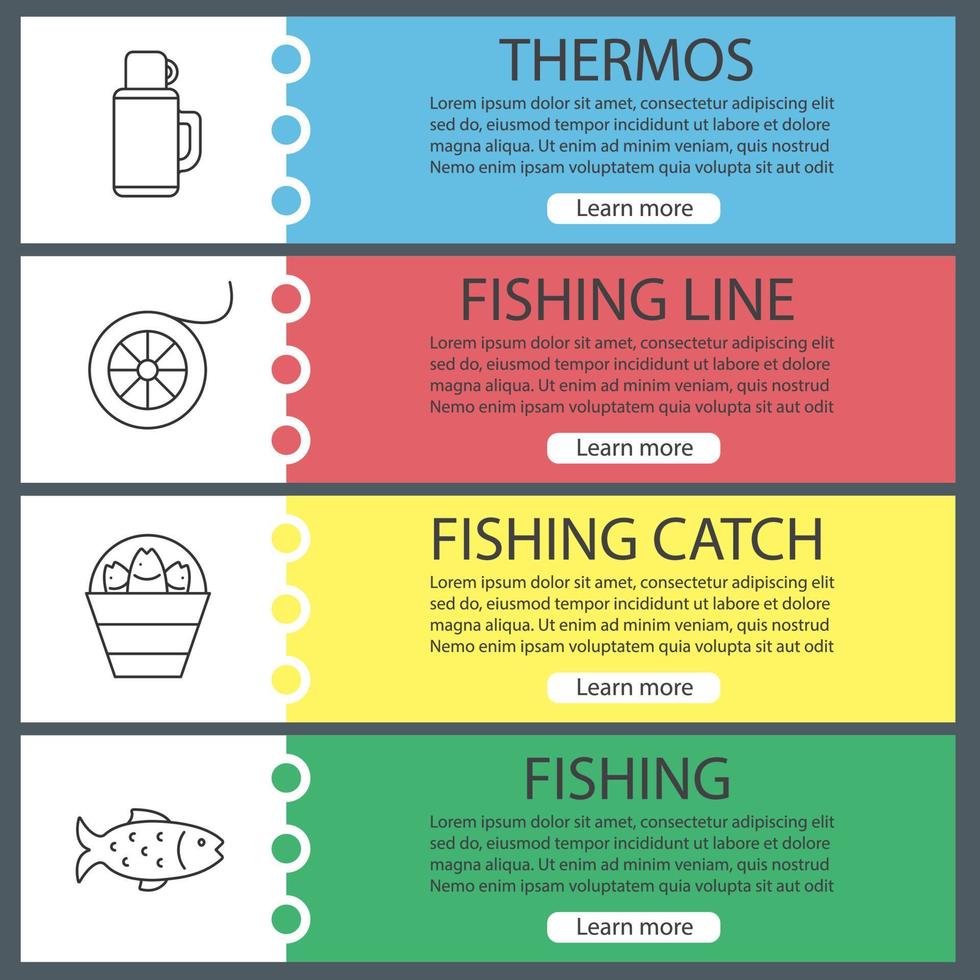 fiske webb banner mallar set. hink med fångst, termos, linspole, fisk. menyalternativ på webbplatsen. vektor headers designkoncept