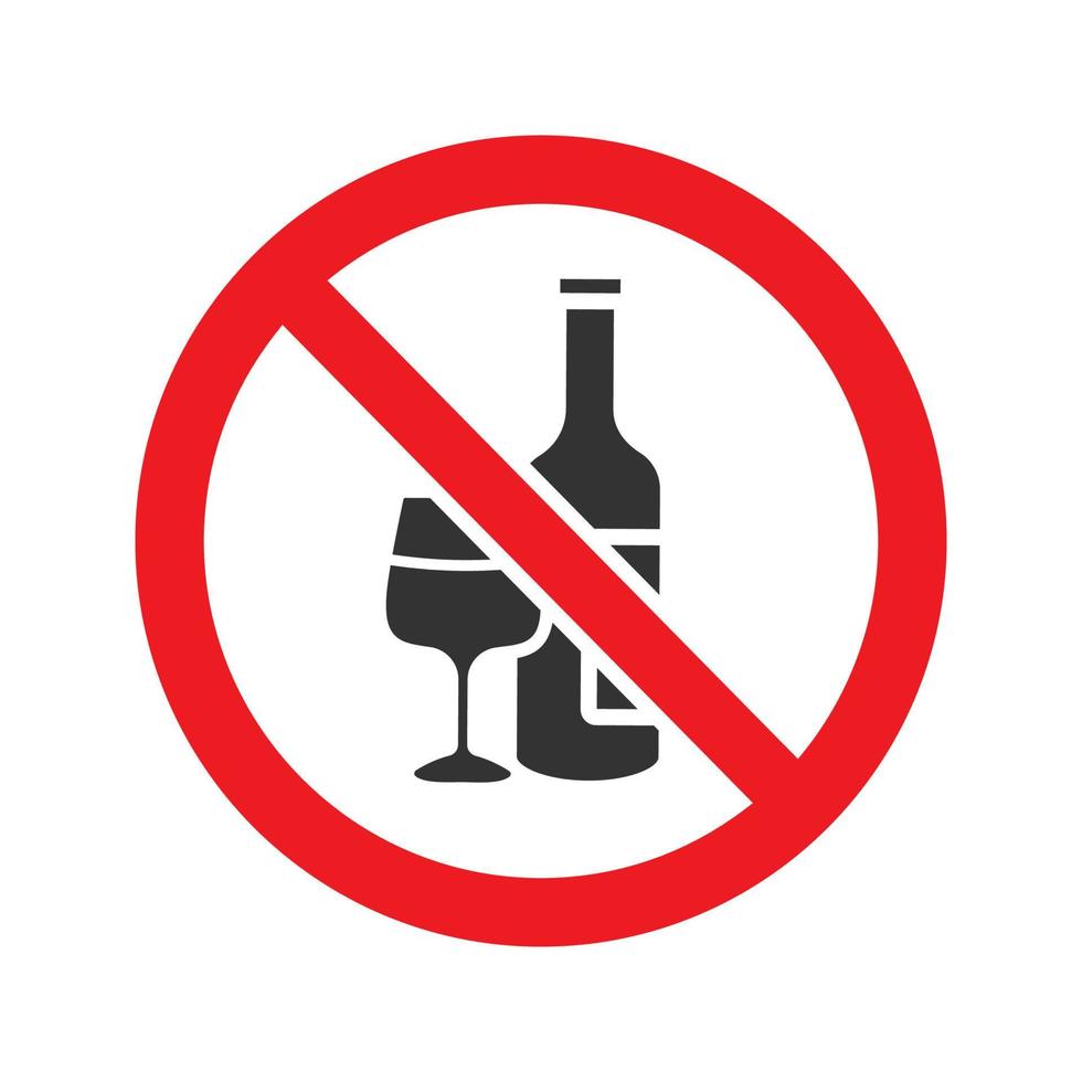 förbjuden skylt med vinflaska och glas glyfikon. stopp siluett symbol. inget alkoholförbud. negativt utrymme. vektor isolerade illustration