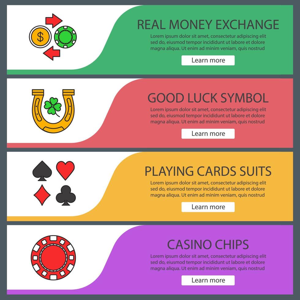 Casino-Web-Banner-Vorlagen festgelegt. Echtgeldwechsel, Glückssymbol, Spielkartenanzüge, Casino-Chip. Menüelemente in Farbe der Website. Vektor-Header-Design-Konzepte vektor