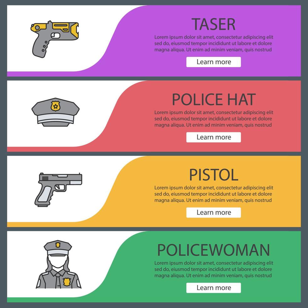 Polizei-Web-Banner-Vorlagen festgelegt. Taser, Polizistenmütze, Waffe, Polizistin. Menüelemente in Farbe der Website. Vektor-Header-Design-Konzepte vektor