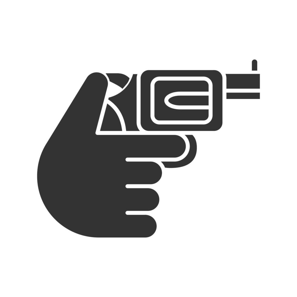 Hand, die ein Revolver-Glyphen-Symbol hält. Silhouettensymbol. Schießen. Russisches Roulette. Pistole, Waffe. negativer Raum. vektor isolierte illustration