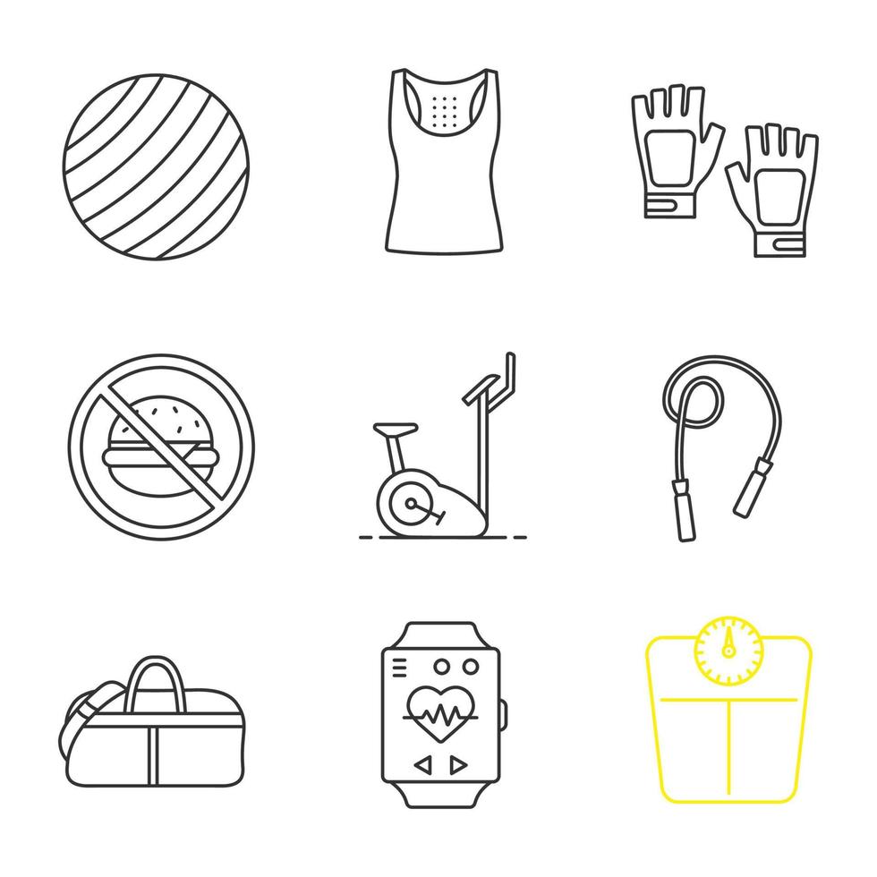 fitness linjära ikoner set. tunn linje kontur symboler. fitball, linne, gymhandskar, hälsosam kost, motionscykel, hopprep, väska, sportarmband, våg. isolerade vektor kontur illustrationer