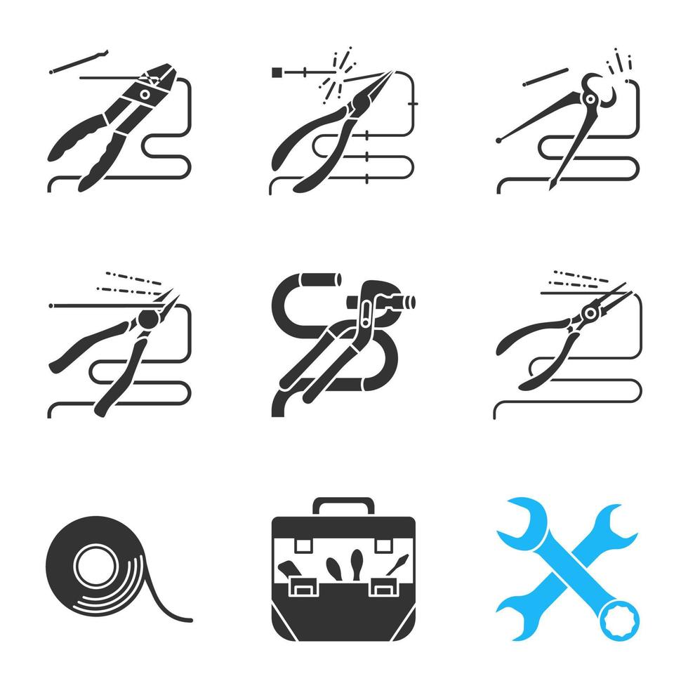 Glyphensymbole für Bauwerkzeuge festgelegt. Zangen, Zangen, Kneifzangen, Zangen zum Schneiden von Draht, Kreuzschlüssel, Klebeband, Werkzeugtasche. Silhouettensymbole. vektor isolierte illustration
