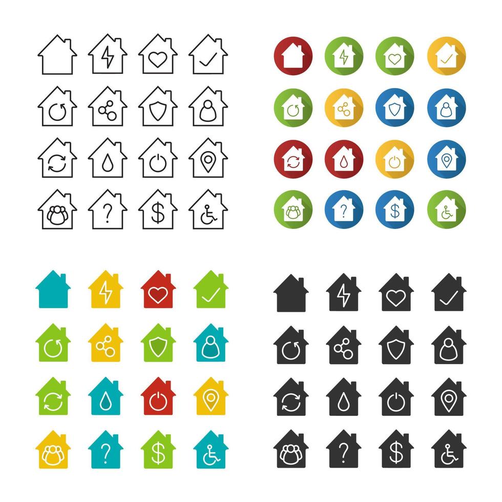 innerhalb der Haussymbole festgelegt. Haus, Hütte, Haus, Gebäude. Immobilien. lineares, flaches Design, Farb- und Glyphenstile. isolierte Vektorgrafiken vektor