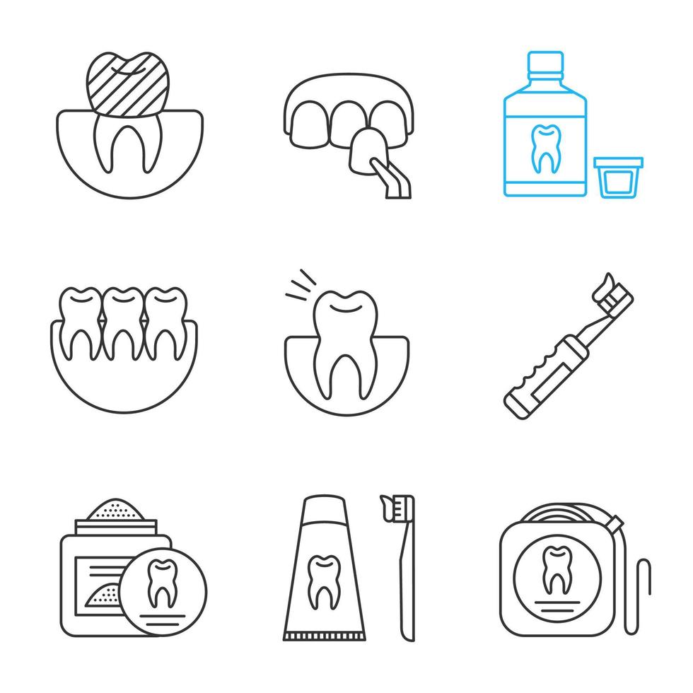 Zahnmedizin lineare Symbole gesetzt. Zahnkrone, Veneer, Mundwasser, gesunde Zähne, Zahnschmerzen, elektrische Zahnbürste, Zahnpulver, Zahnseide, Zahnputzmittel. dünne Linienkontursymbole. isolierte Vektorgrafiken vektor