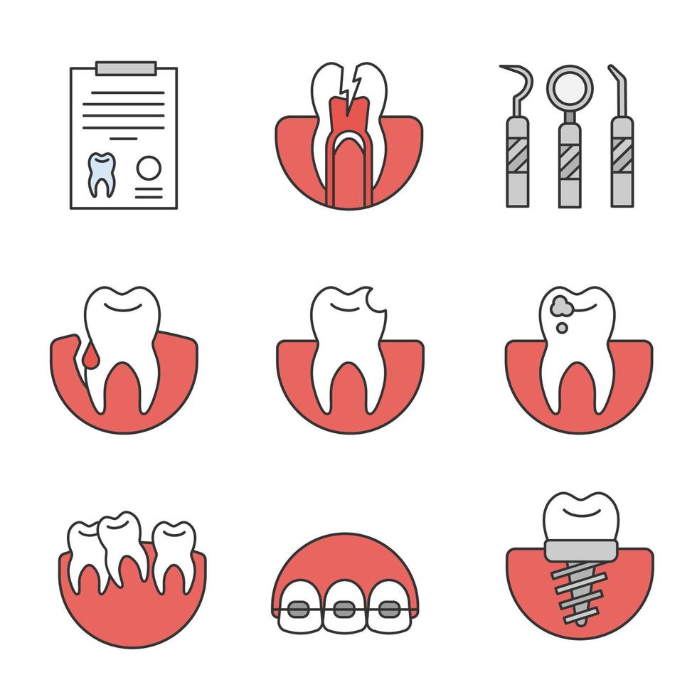 Farbsymbole für die Zahnheilkunde festgelegt. Arztbericht, Zahnschmerzen, zahnärztliche Instrumente, Gingivitis, Zahnbruch, Karies, Implantat, Zahnspange, schiefe Zähne. isolierte Vektorgrafiken vektor