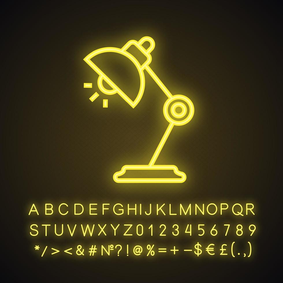 Tischlampe Neonlicht-Symbol. leuchtendes zeichen mit alphabet, zahlen und symbolen. vektor isolierte illustration