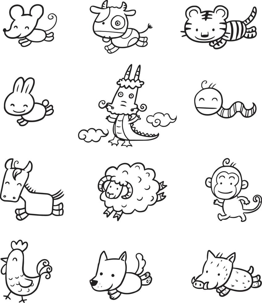 12 zodiaken målarbok tecknad linjekonst söt kawaii manga illustration clipart barn ritning karaktär vektor