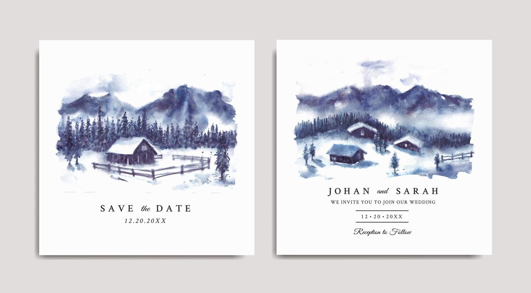 akvarell bröllopsinbjudan uppsättning av vinterlandskap med hus och isiga berg vektor