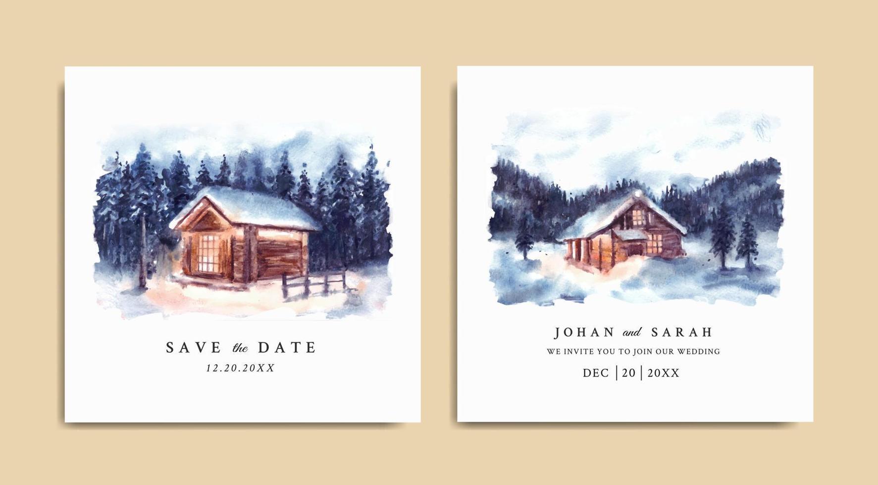 bröllopsinbjudan uppsättning av vinterlandskap med hus och tallar akvarell vektor