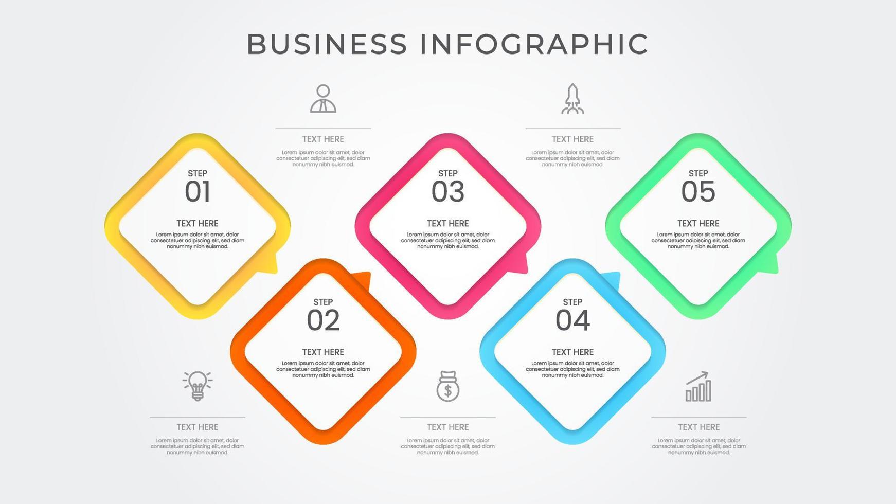 Business-Infografik-Thin-Line-Prozess mit quadratischem und kreisförmigem Template-Design mit Symbolen und attraktiver Farbe vektor