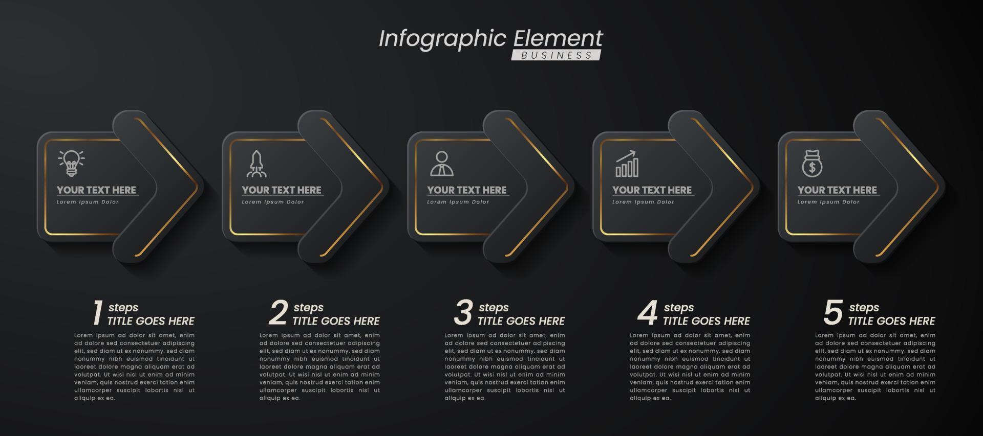 Dunkelgold elegante Infografik 3D-Vektorvorlage mit Schritten zum Erfolg. Präsentation mit Symbolen für Linienelemente. geschäftskonzeptdesign kann für web-, broschüren-, diagramm-, diagramm- oder bannerlayout verwendet werden vektor