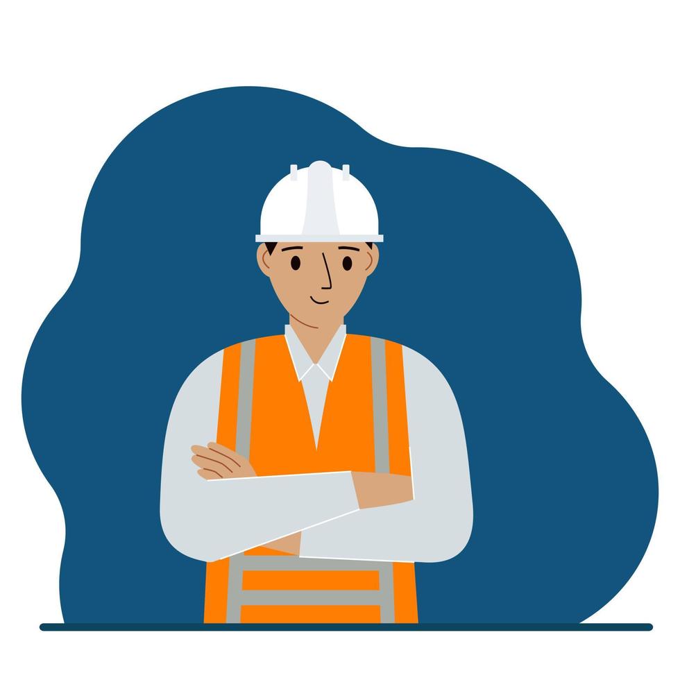 lächelnder Bauarbeiter in einem weißen Helm und einer orangefarbenen Weste. flache vektorillustration vektor