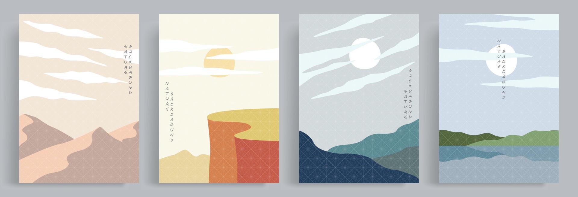 4 set vektor illustrationer landskap. abstrakt platt minimalistisk designlandskap. natur av berg, dalar, sjöar och raviner. färgglad estetisk bakgrund i retro eller vintage stil.