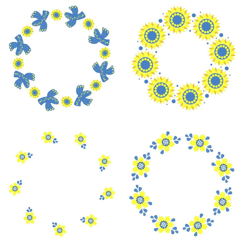 runde rahmen mit sonnenblumen, vögeln und blumen. schöne dekorative servietten in gelb- und blautönen, farben der ukrainischen flagge. Vektor-Illustration. für Dekor, Design und Servietten vektor