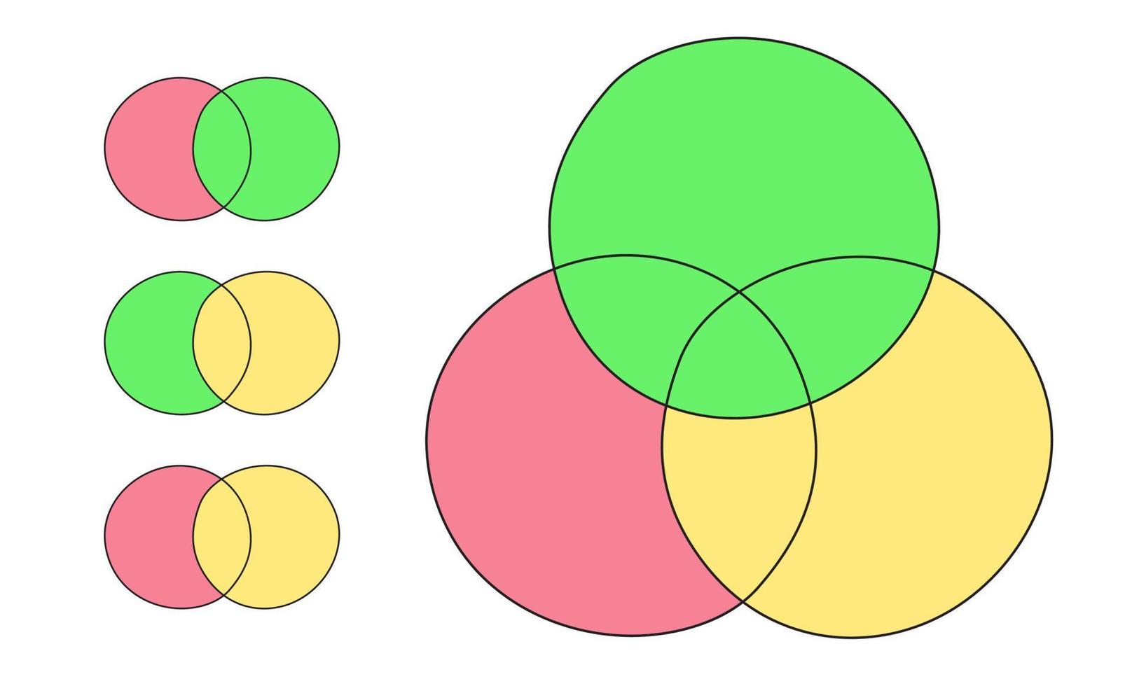 venn diagram set hand rita färg stil vektor