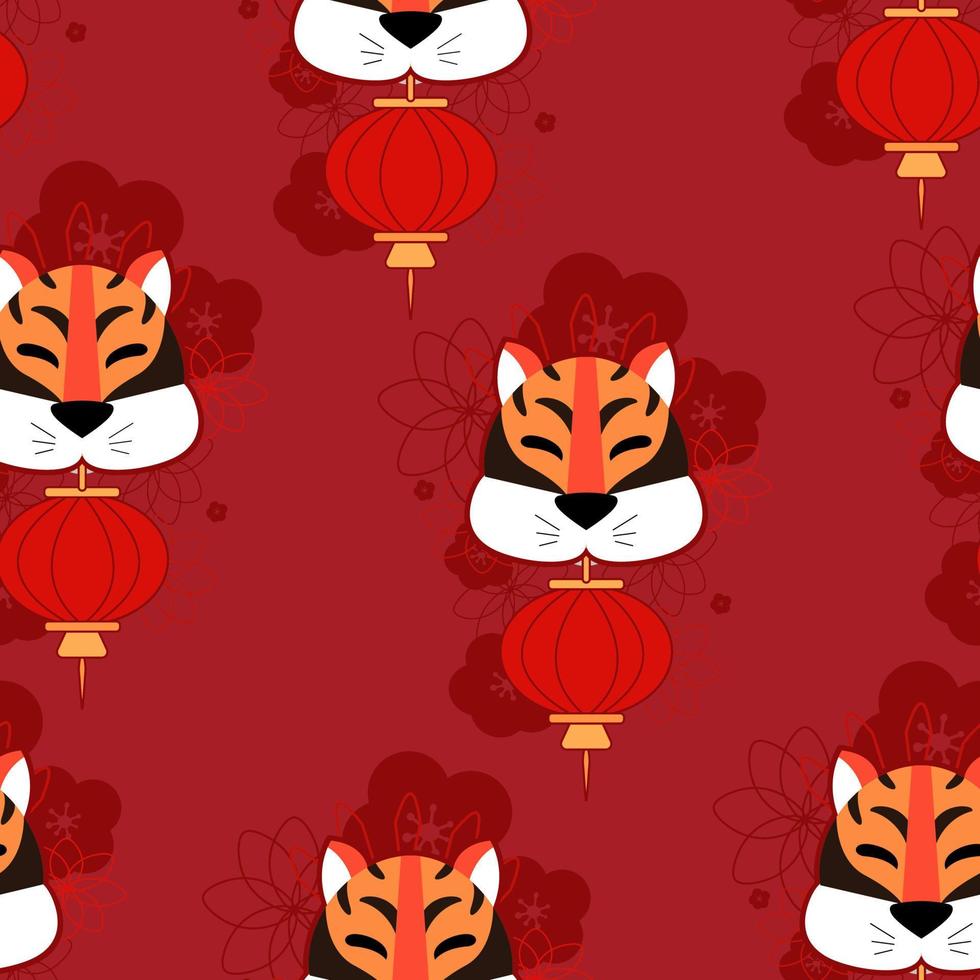 mönster tiger med kinesisk lykta och blommor vektorillustration på färgbakgrund vektor