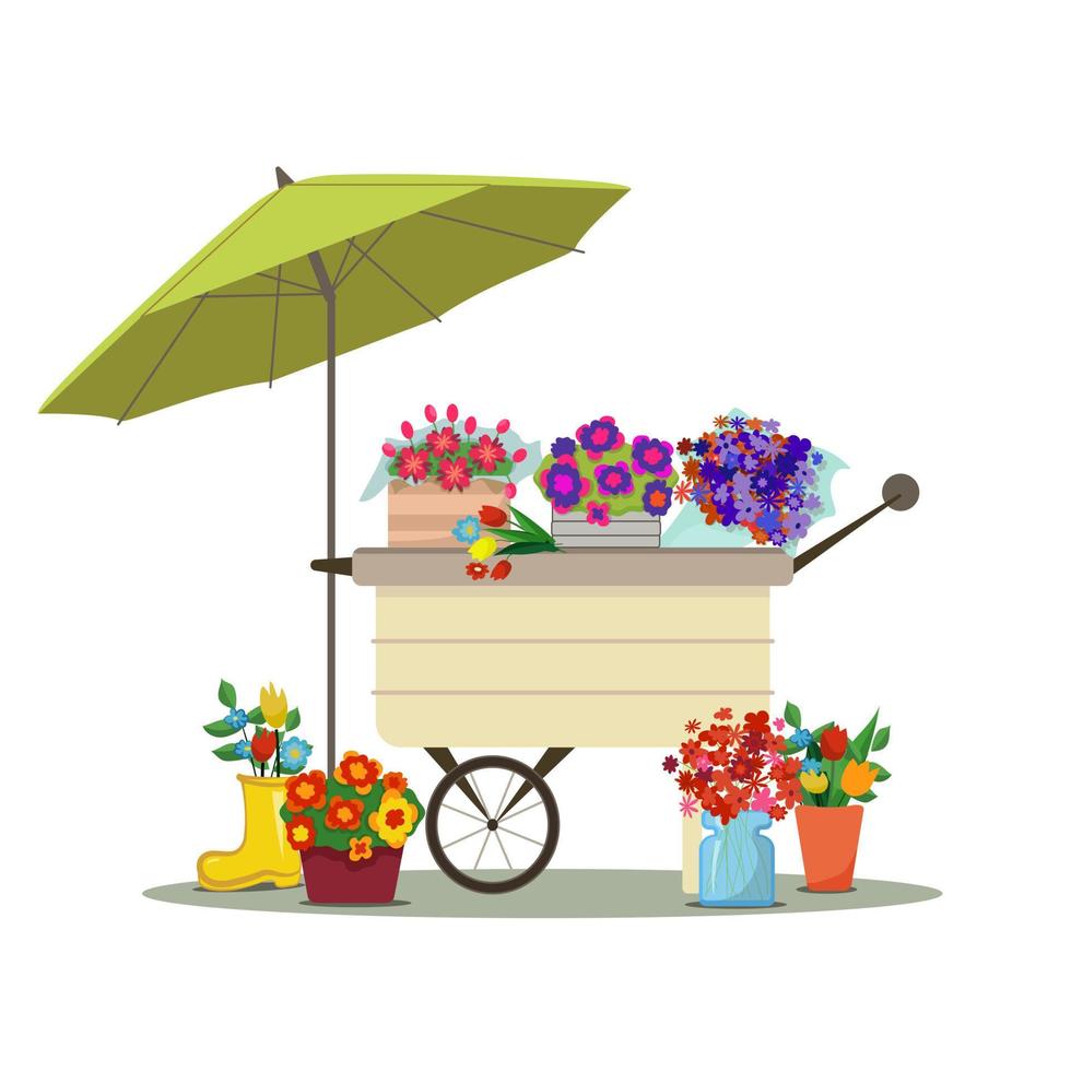 blomsteraffär - modern vektor tecknad illustration på vit bakgrund. vagn med blommor i olika krukor