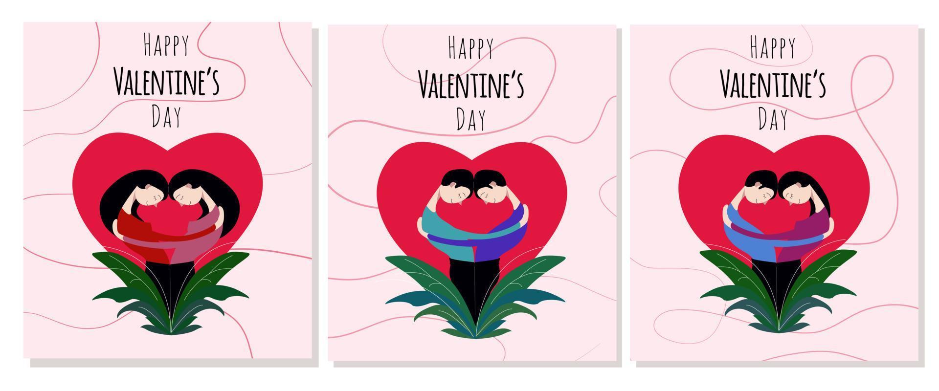 eine Reihe von Valentinsgrüßen mit verschiedenen Paaren. eine Sammlung von Postern mit verschiedenen Lieben. lgbt, heterosexuell vektor
