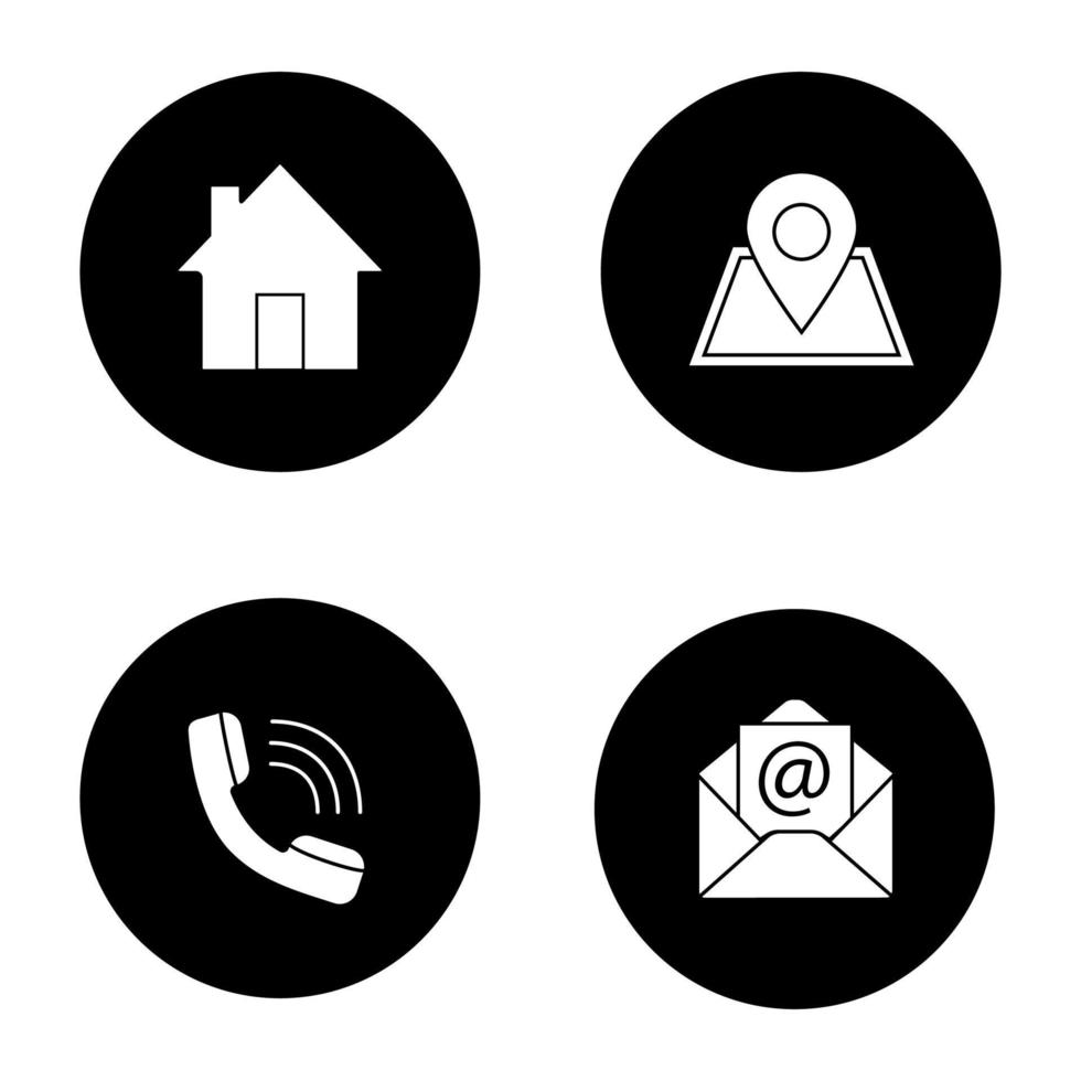 Glyphensymbole des Informationszentrums festgelegt. Homepage, GPS-Navigation, eingehender Anruf, E-Mail. Vektor weiße Silhouetten Illustrationen in schwarzen Kreisen