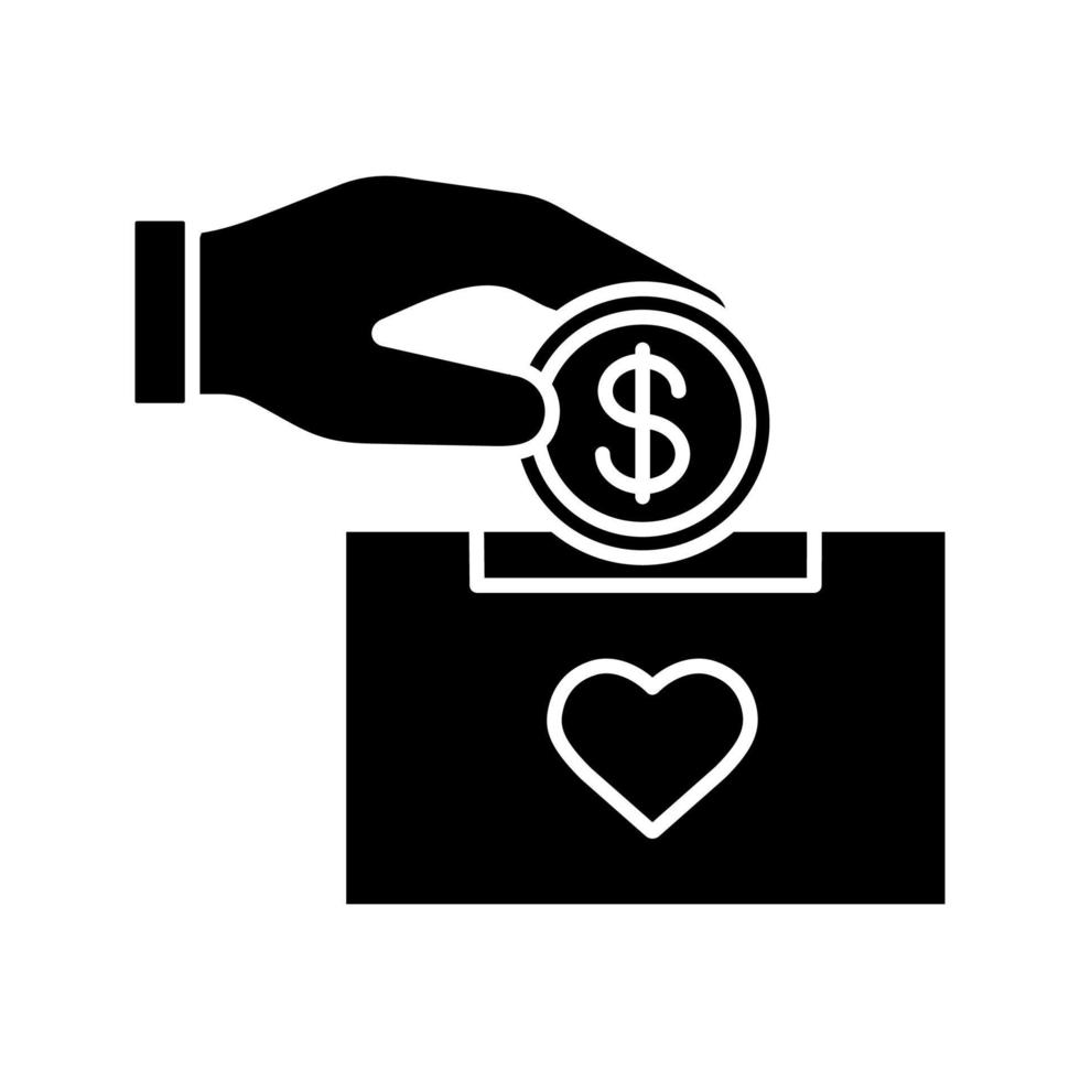 Spendenbox-Glyphen-Symbol. Silhouettensymbol. Sparbüchse. Spendensammlung. Geld für wohltätige Zwecke spenden. hand, die dollarmünze in spendenbox fallen lässt. negativer Raum. vektor isolierte illustration