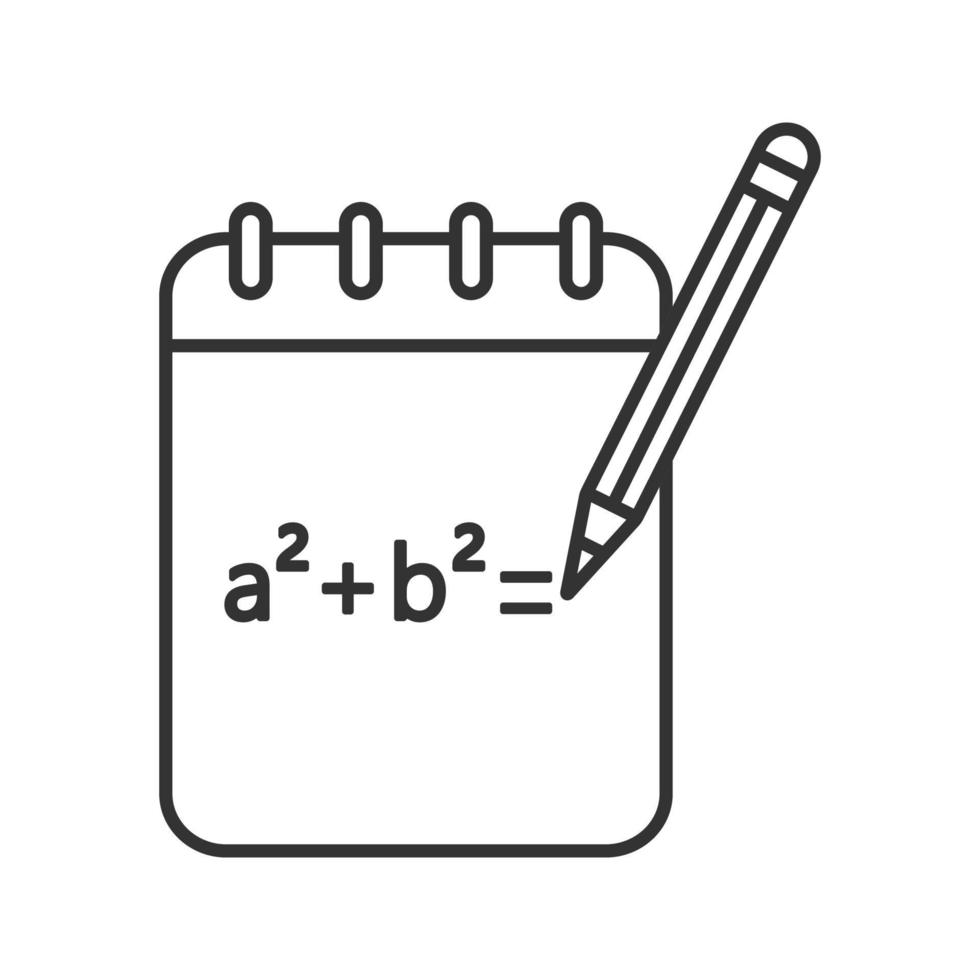 Notizbuch mit linearem Symbol für mathematische Formeln. dünne Liniendarstellung. grober Entwurf. Algebra-Berechnungen. Kontursymbol. Vektor isoliert Umrisszeichnung