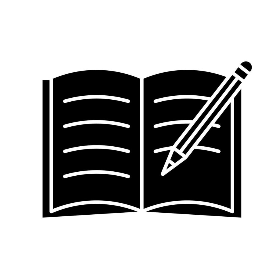 copybook med penna glyfikon. skriva anteckningar. anteckningsblock. siluett symbol. negativt utrymme. vektor isolerade illustration