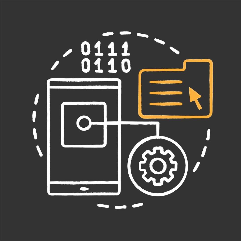 app utveckling krita koncept ikon. idé om digital teknik. filhanterare. smartphoneinställningar. vektor isolerade svarta tavlan illustration
