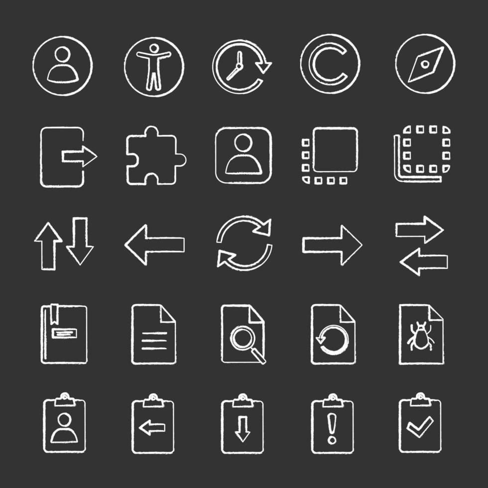 ui ux kreidesymbole gesetzt. Systemelemente. Gemeinsame Aktionssymbole. isolierte vektortafelillustrationen vektor