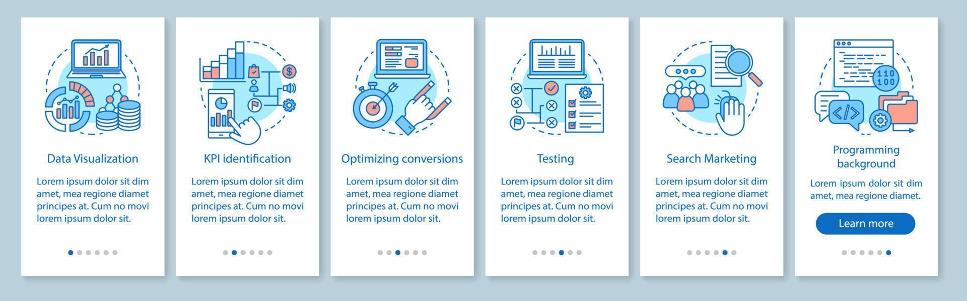 affärsmätningskurser onboarding mobil app sida skärm vektor mall. marknadsförings- och reklamstatistik. genomgång av webbplatsens steg. affärsnischtestning. ux, ui, gui smartphone-gränssnitt