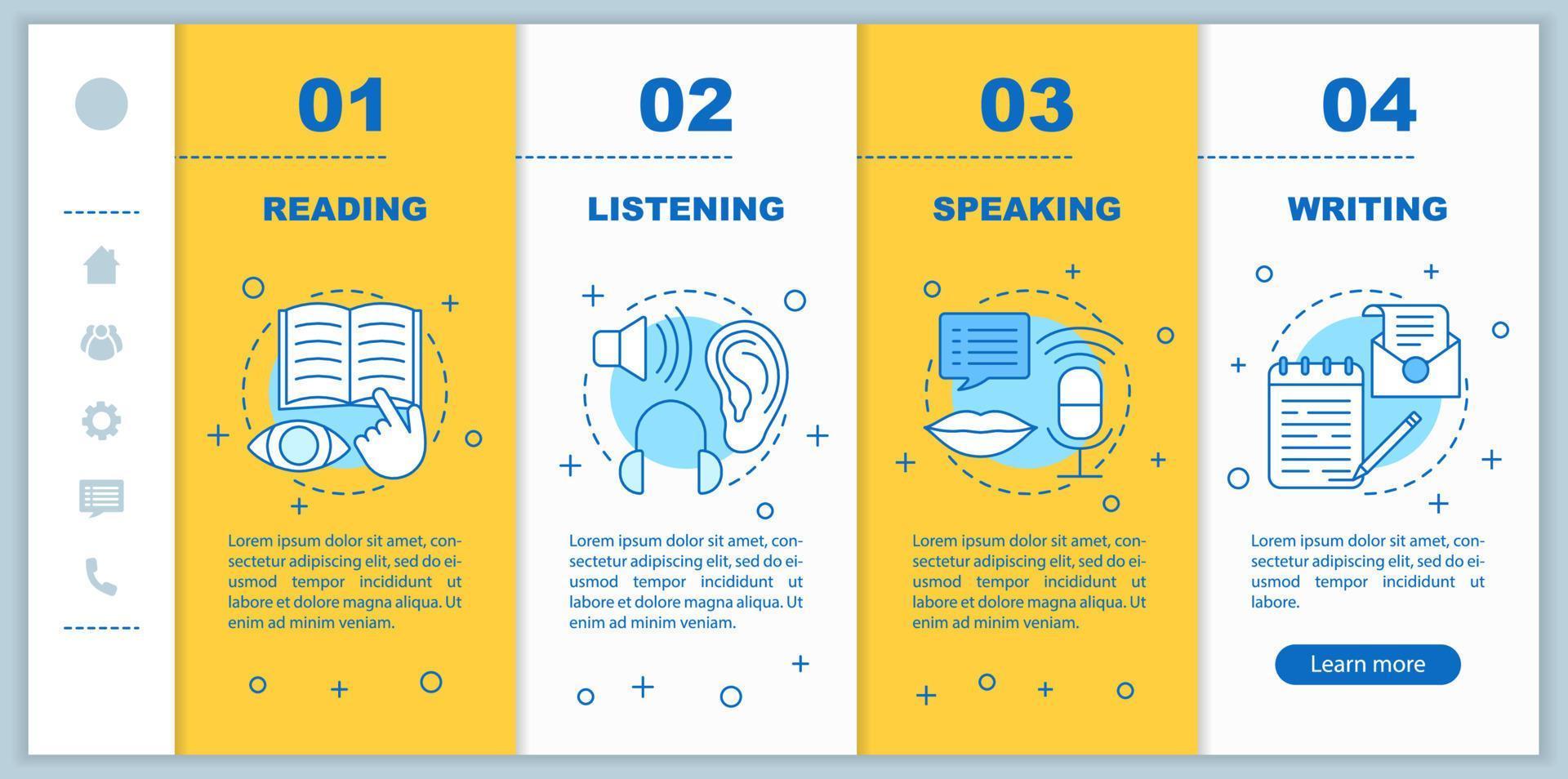 kognitiva aktiviteter onboarding mobil app sida skärm vektor mall. läsa, tala, lyssna, skriva genomgångssteg med linjära illustrationer. ux, ui, gui smartphone gränssnitt koncept