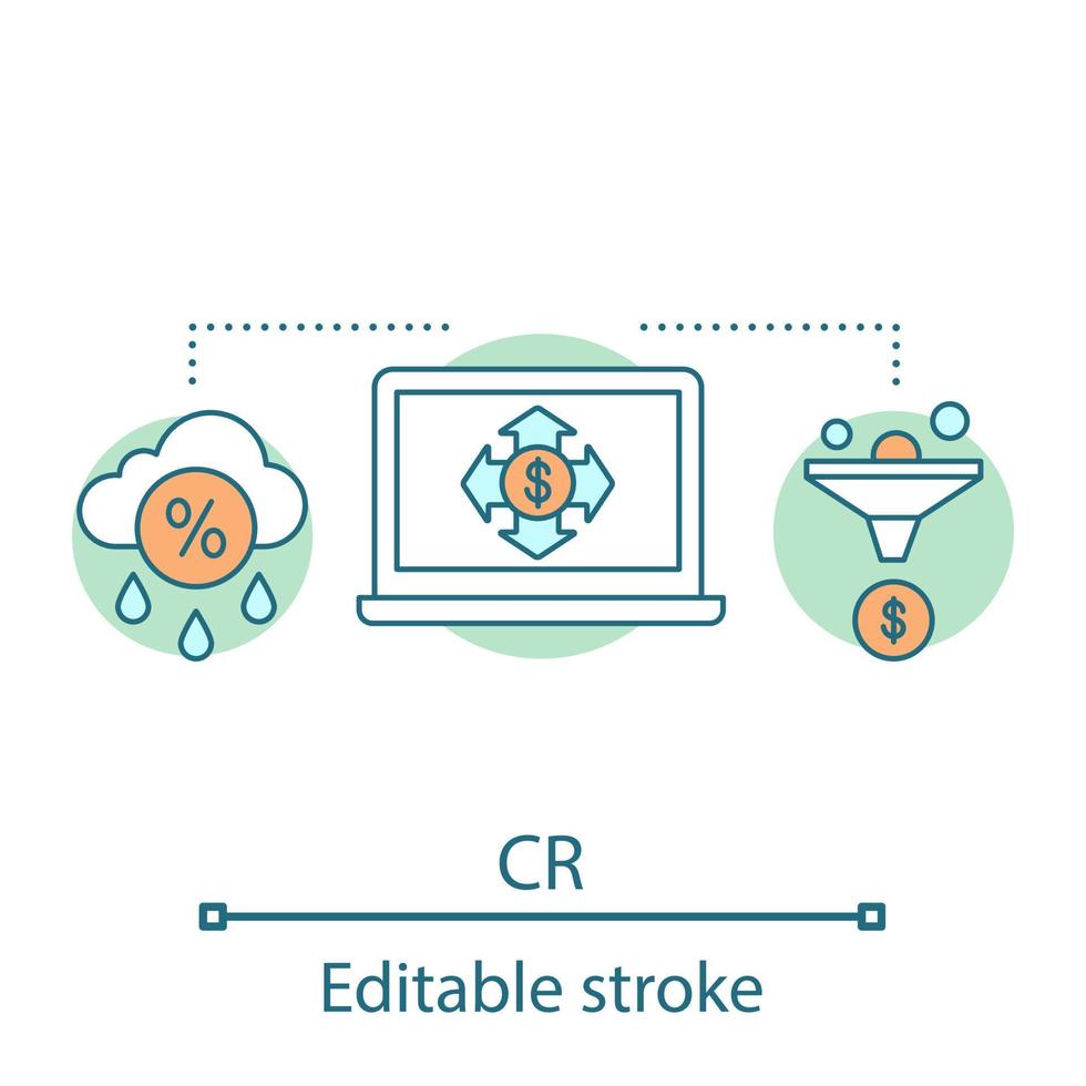 Symbol für das Konzept des Umrechnungskurses. kr. Verkaufstrichter Idee dünne Linie Abbildung. Marketing. Website-Traffic. Vektor isolierte Umrisszeichnung. bearbeitbarer Strich