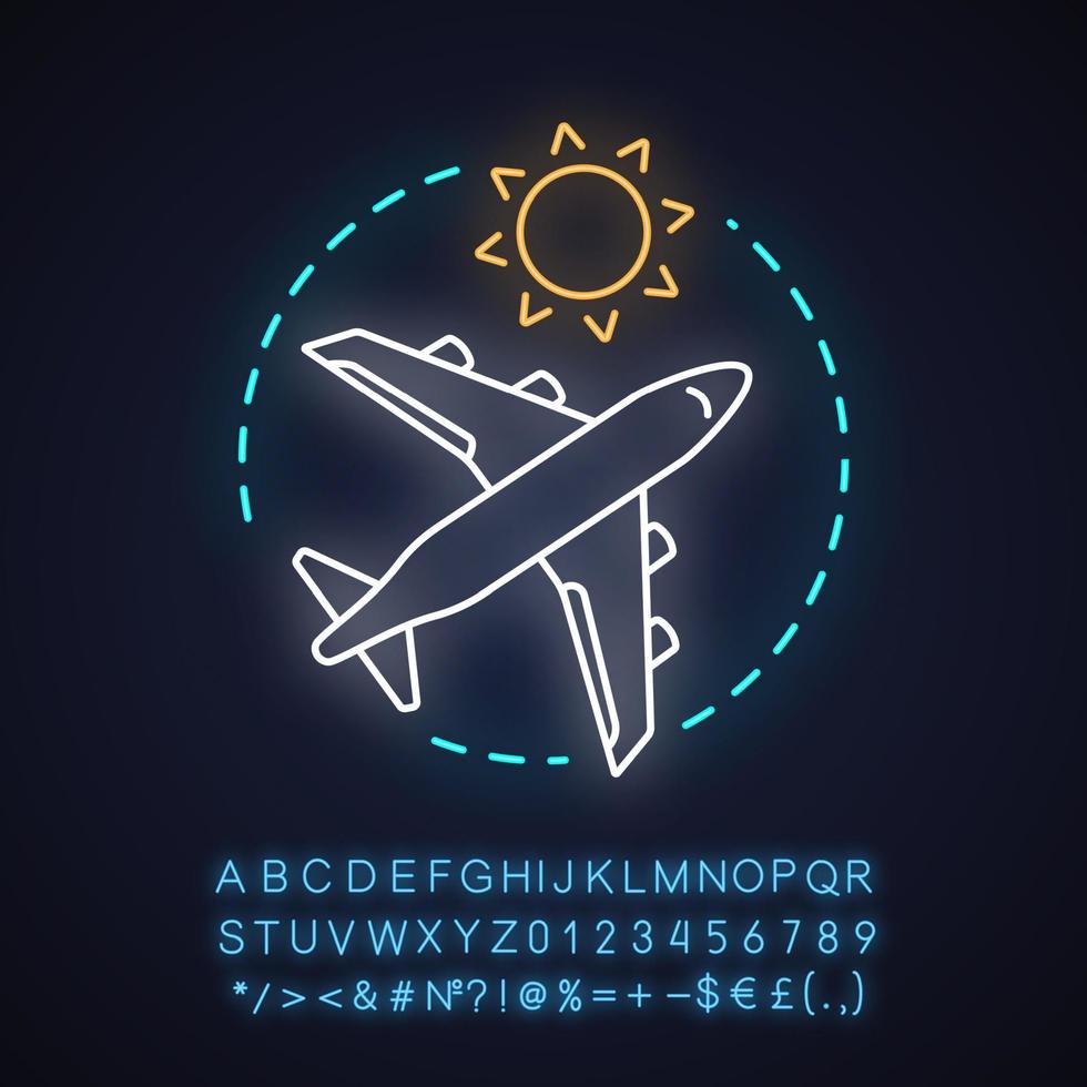 reisen mit dem flugzeug neonlicht konzept symbol. Urlaub, Ferienidee. leuchtendes zeichen mit alphabet, zahlen und symbolen. vektor isolierte illustration